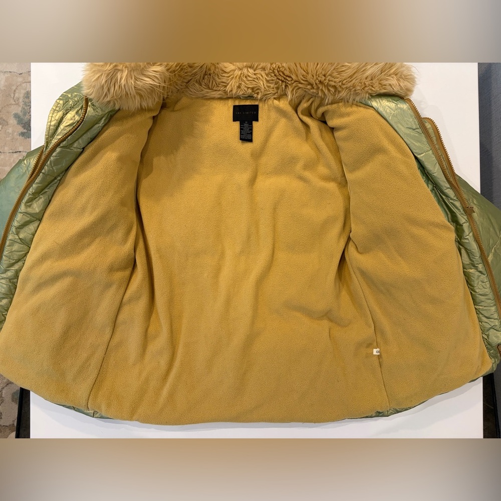 The Limited Down Puffer Liquid Green Gold Metallic Shimmer Jacket Fur Hood - Picture 9 of 16